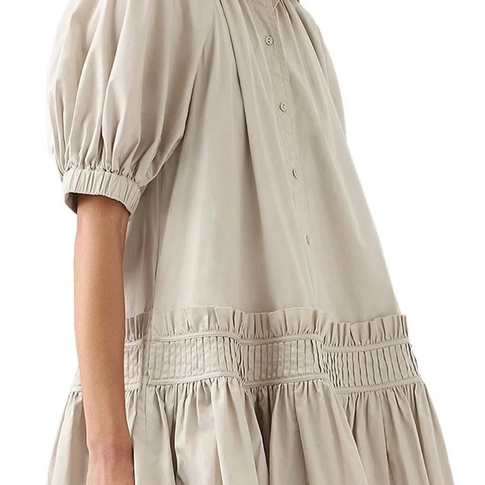 NWOT. Aje Novella Mini Smock Dress. Stylish Beige Dress with Ruffle Hem - Picture 3 of 13